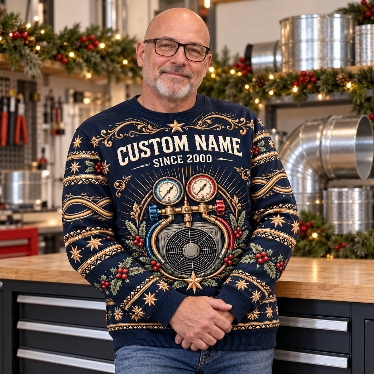 Adult model wearing the HVAC Heritage Holiday all-over print crewneck mockup