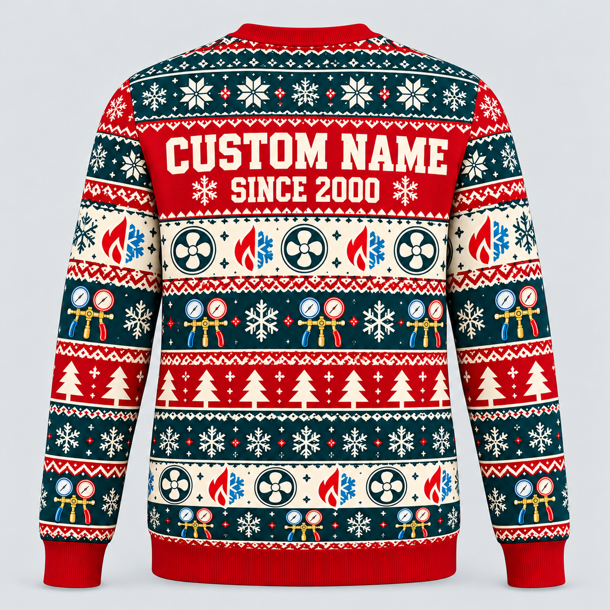 Back of HVAC Fair Isle Christmas crewneck with coordinated HVAC design and CUSTOM NAME and SINCE 2000 placeholders