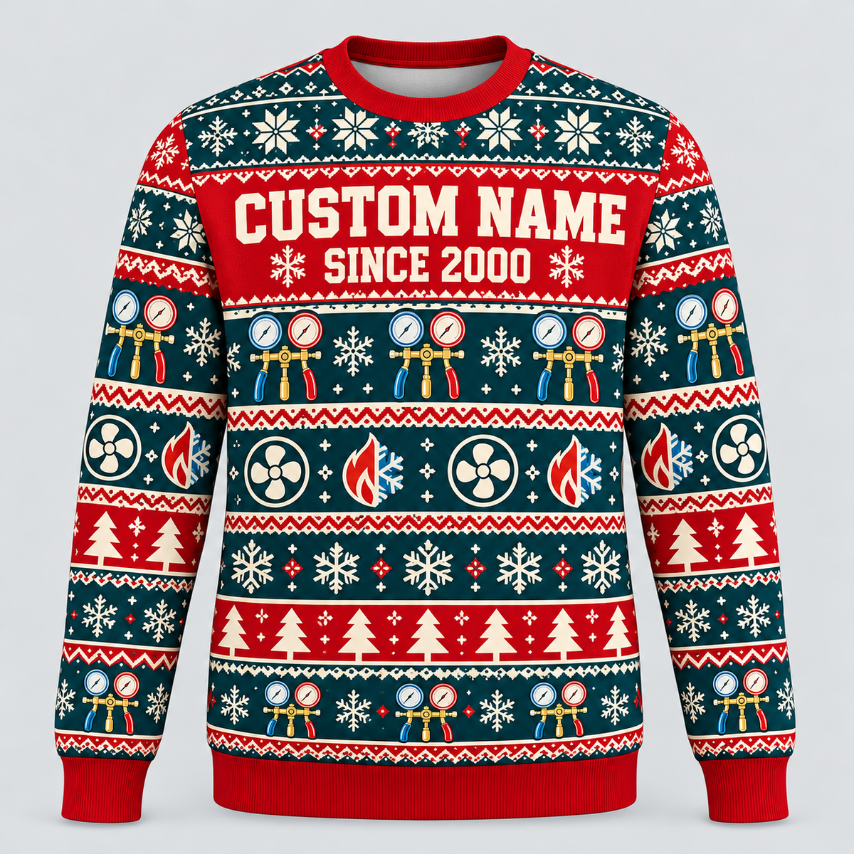 Front of HVAC Fair Isle Christmas crewneck in red, cream and dark teal with CUSTOM NAME and SINCE 2000 placeholders