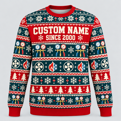 Front of HVAC Fair Isle Christmas crewneck in red, cream and dark teal with CUSTOM NAME and SINCE 2000 placeholders
