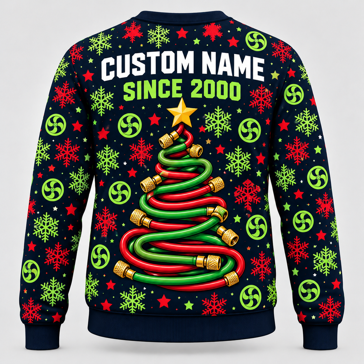 Back of HVAC Holiday Service Mix crewneck with coordinated HVAC design and CUSTOM NAME and SINCE 2000 placeholders