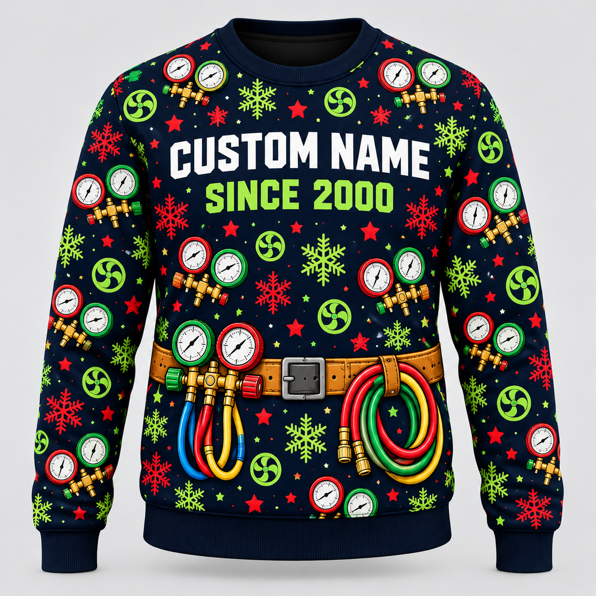 Front of HVAC Holiday Service Mix crewneck in midnight navy, vivid lime and red with CUSTOM NAME and SINCE 2000 placeholders
