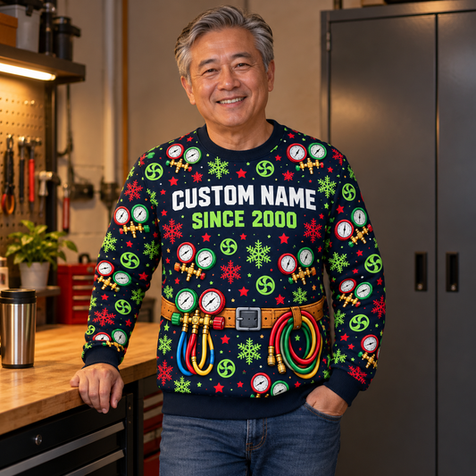 Adult model wearing the HVAC Holiday Service Mix all-over print crewneck mockup