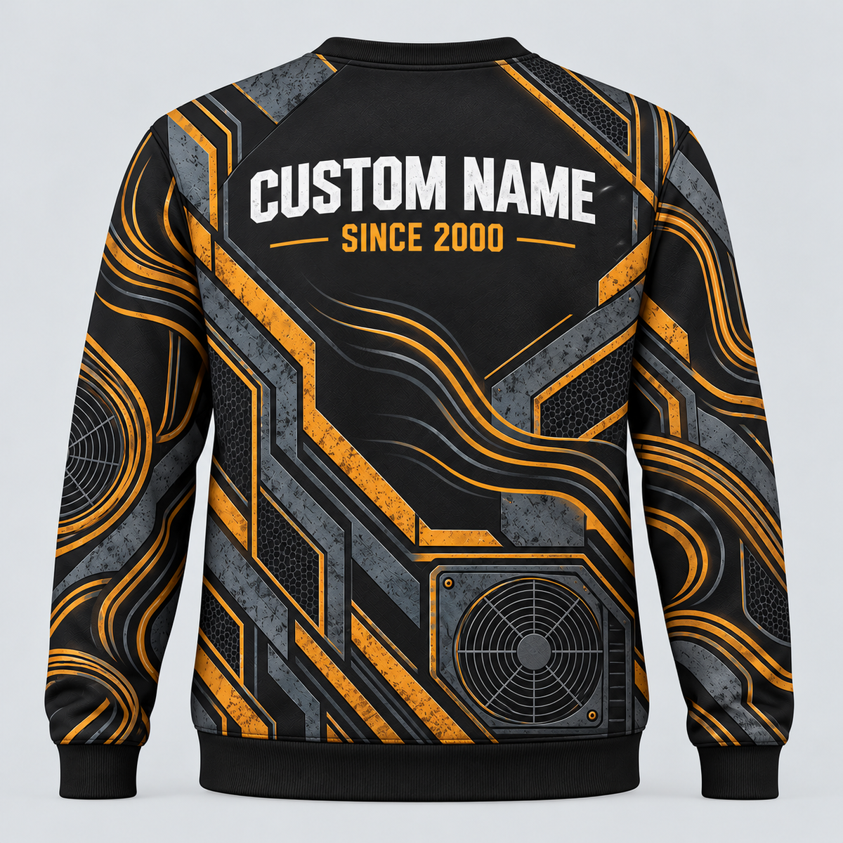 Back of HVAC Airflow Rhythm crewneck with coordinated HVAC design and CUSTOM NAME and SINCE 2000 placeholders