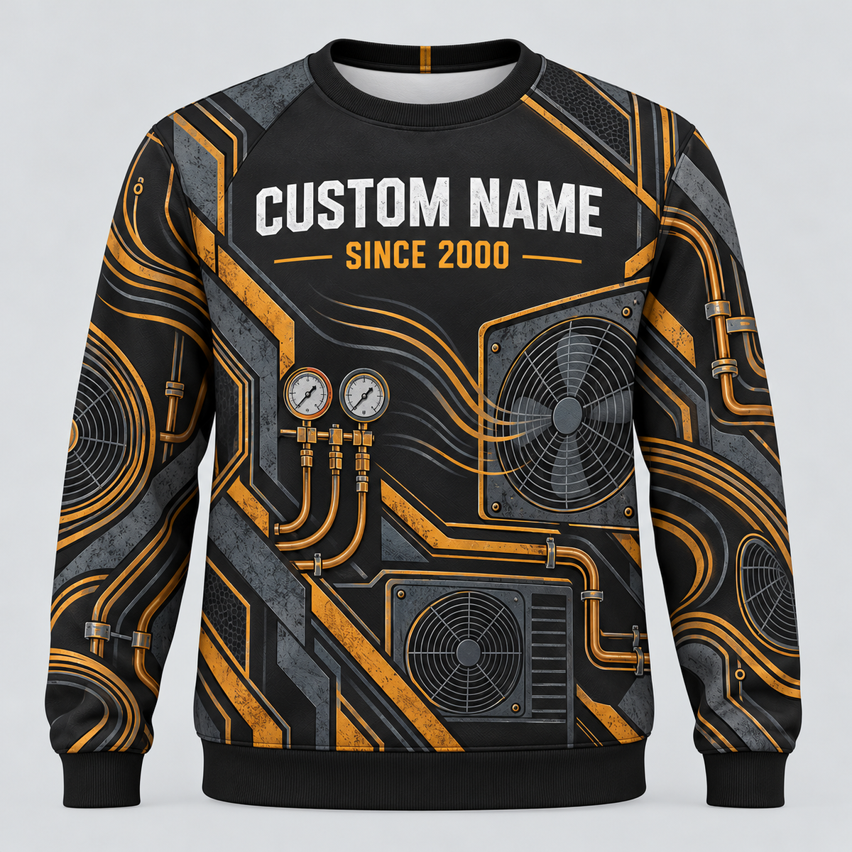 Front of HVAC Airflow Rhythm crewneck in black, slate and muted amber with CUSTOM NAME and SINCE 2000 placeholders
