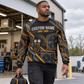 Adult model wearing the HVAC Airflow Rhythm all-over print crewneck mockup