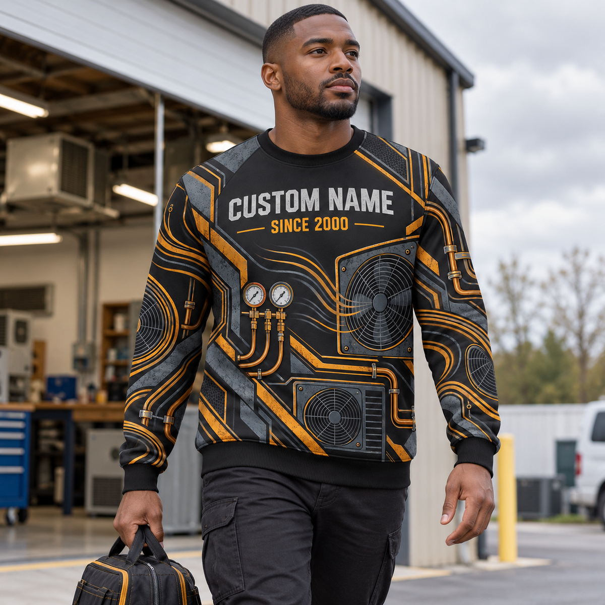 Adult model wearing the HVAC Airflow Rhythm all-over print crewneck mockup