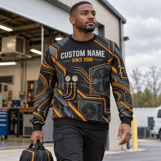 Adult model wearing the HVAC Airflow Rhythm all-over print crewneck mockup