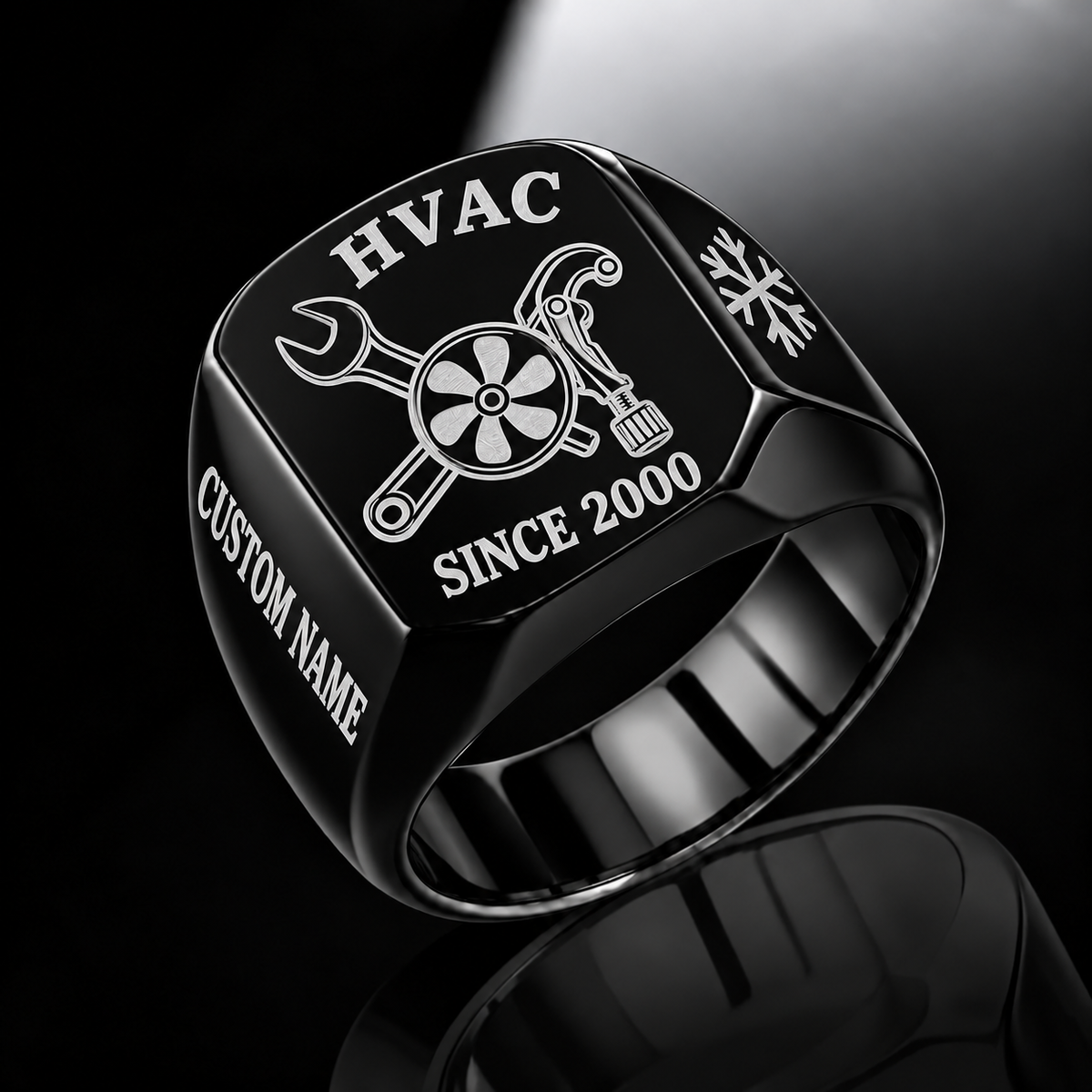 Black HVAC Classic Emblem signet ring featuring a condenser fan with crossed service tools, a side name area and a year beneath the emblem, with illustrative CUSTOM NAME and SINCE 2000