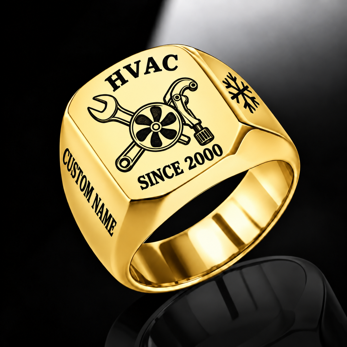Gold HVAC Classic Emblem signet ring featuring a condenser fan with crossed service tools, a side name area and a year beneath the emblem, with illustrative CUSTOM NAME and SINCE 2000