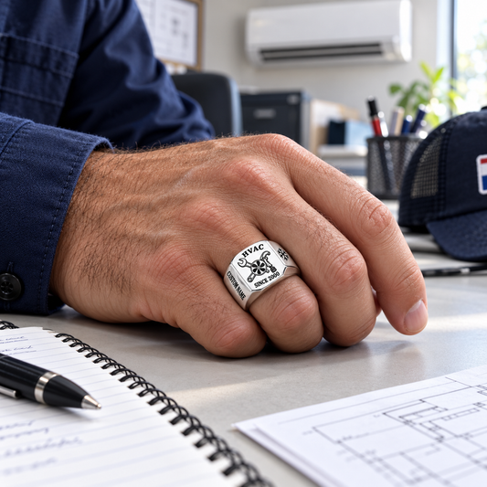 Silver HVAC Classic Emblem ring worn in an off-duty lifestyle setting