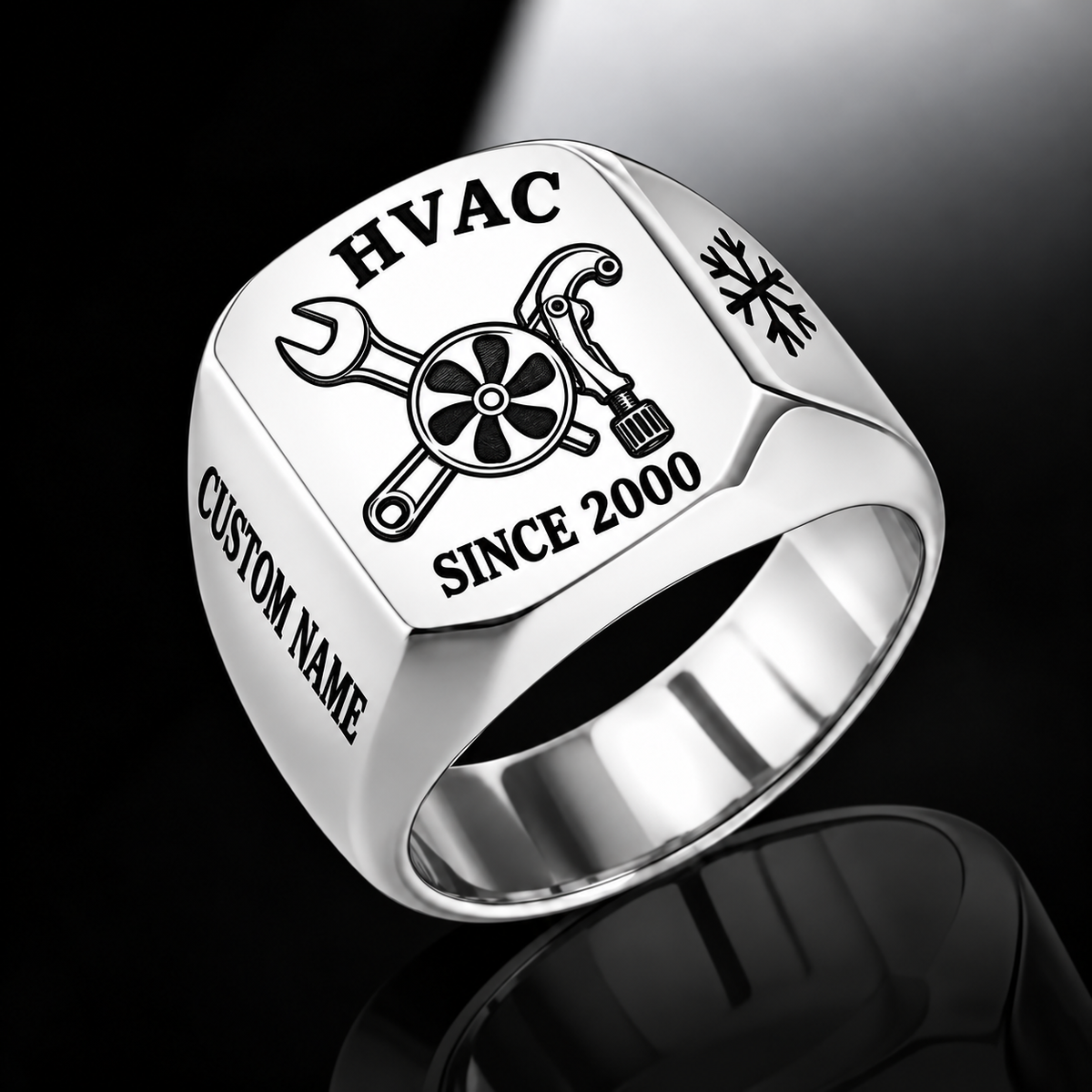 Silver HVAC Classic Emblem signet ring featuring a condenser fan with crossed service tools, a side name area and a year beneath the emblem, with illustrative CUSTOM NAME and SINCE 2000