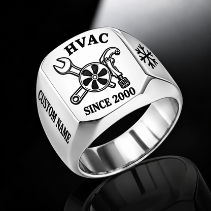 Silver HVAC Classic Emblem signet ring featuring a condenser fan with crossed service tools, a side name area and a year beneath the emblem, with illustrative CUSTOM NAME and SINCE 2000