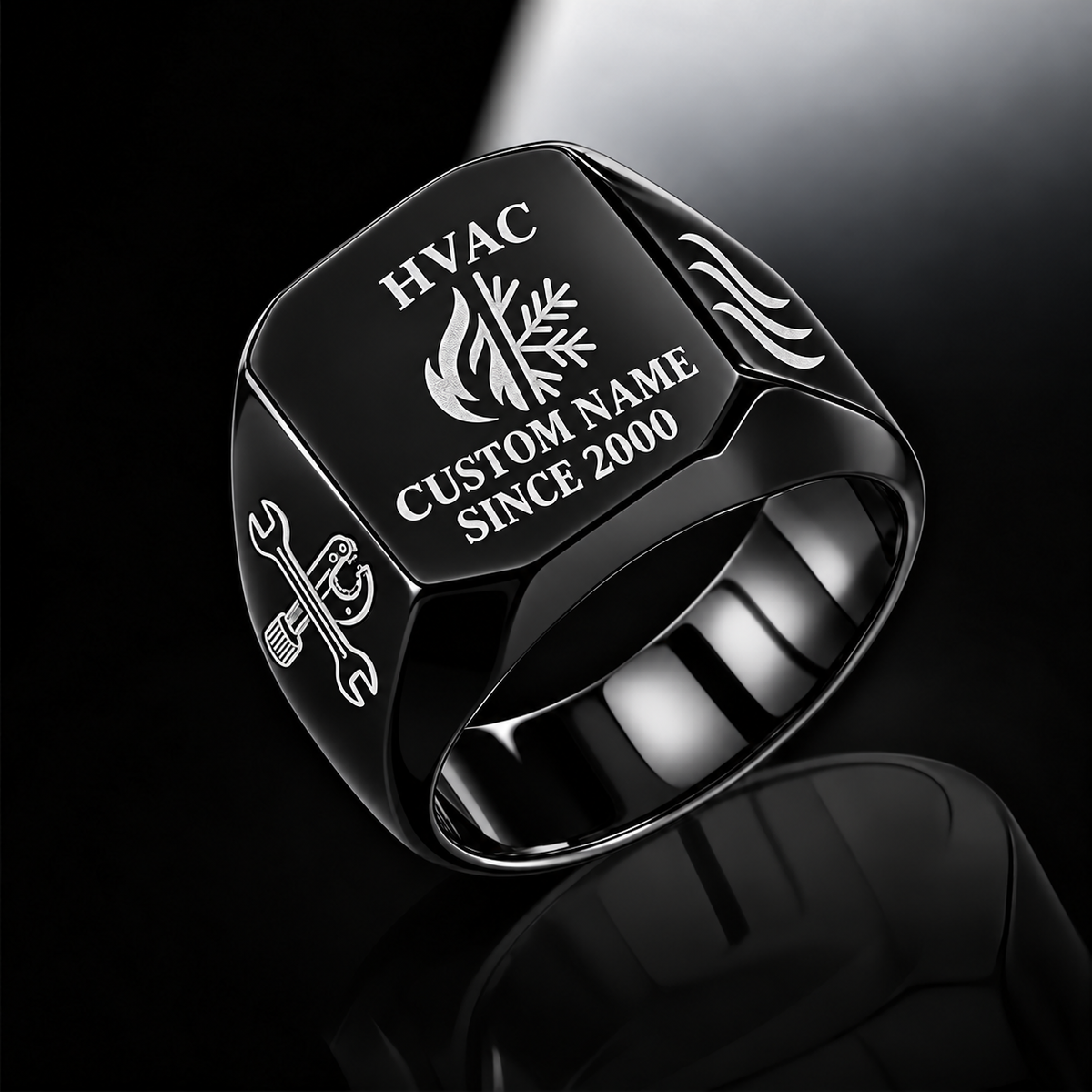 Black HVAC Signature Crest signet ring featuring a combined flame-and-snowflake crest, airflow shoulder details and a face-centered name-and-year layout, with illustrative CUSTOM NAME and SINCE 2000