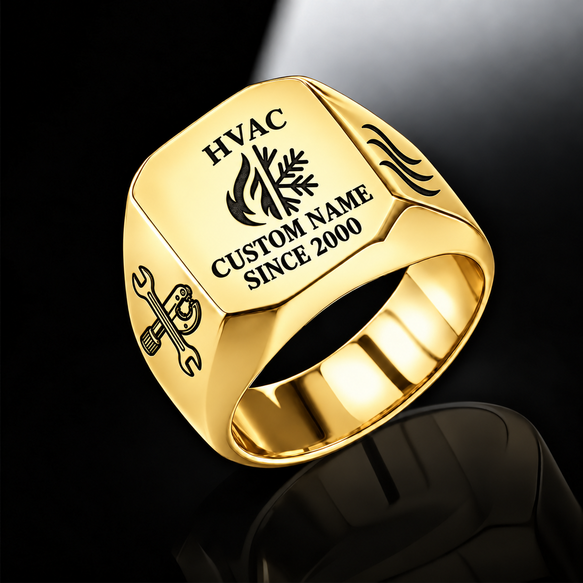 Gold HVAC Signature Crest signet ring featuring a combined flame-and-snowflake crest, airflow shoulder details and a face-centered name-and-year layout, with illustrative CUSTOM NAME and SINCE 2000