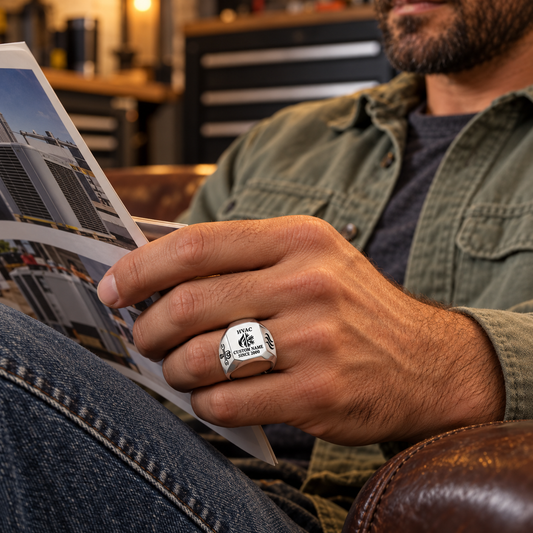 Silver HVAC Signature Crest ring worn in an off-duty lifestyle setting