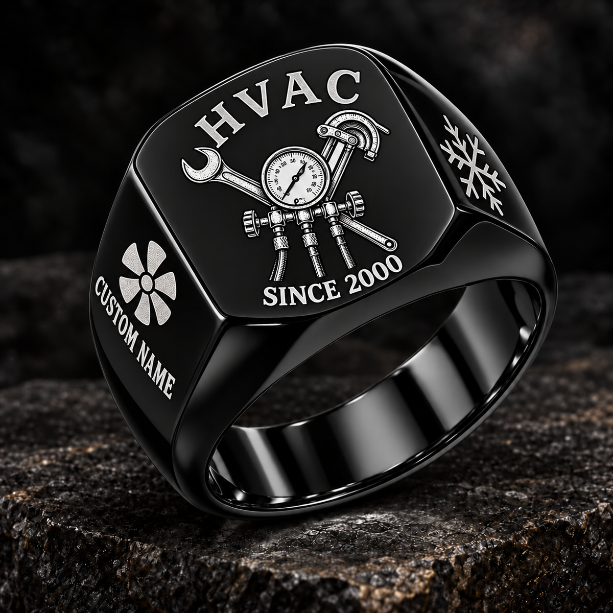 Black HVAC Heritage Emblem signet ring featuring a pressure-gauge and service-tool emblem, with fan and snowflake shoulder details, with illustrative CUSTOM NAME and SINCE 2000