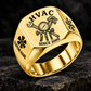 Gold HVAC Heritage Emblem signet ring featuring a pressure-gauge and service-tool emblem, with fan and snowflake shoulder details, with illustrative CUSTOM NAME and SINCE 2000