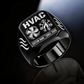 Black HVAC Twin Icons signet ring featuring twin fan and heating/cooling icons, flowing-air shoulder details and a divided name-and-year footer, with illustrative CUSTOM NAME and SINCE 2000