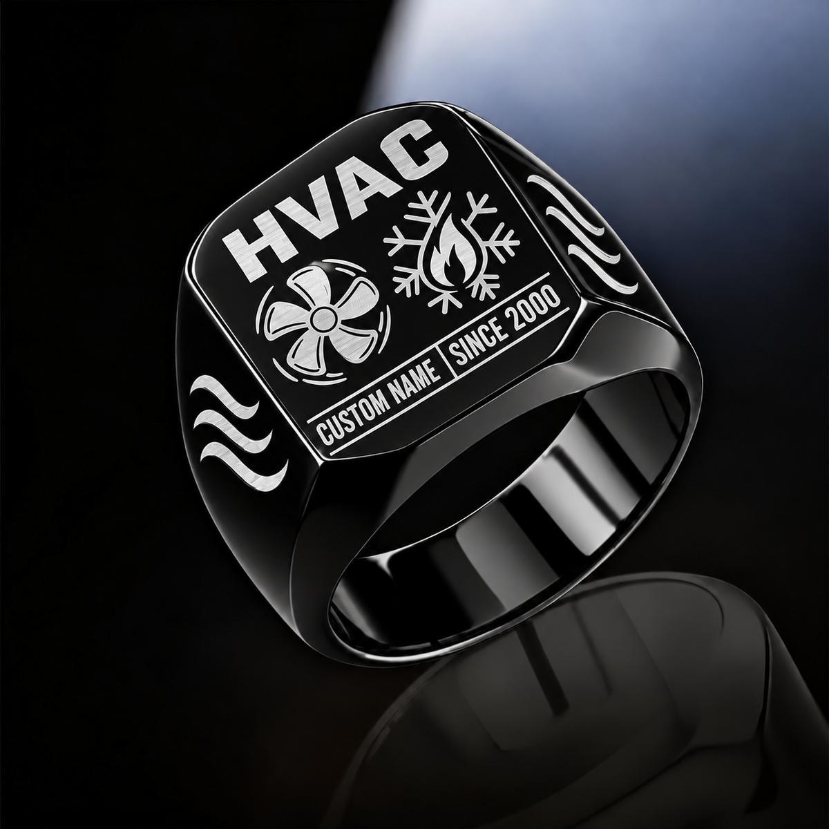 Black HVAC Twin Icons signet ring featuring twin fan and heating/cooling icons, flowing-air shoulder details and a divided name-and-year footer, with illustrative CUSTOM NAME and SINCE 2000