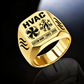 Gold HVAC Twin Icons signet ring featuring twin fan and heating/cooling icons, flowing-air shoulder details and a divided name-and-year footer, with illustrative CUSTOM NAME and SINCE 2000