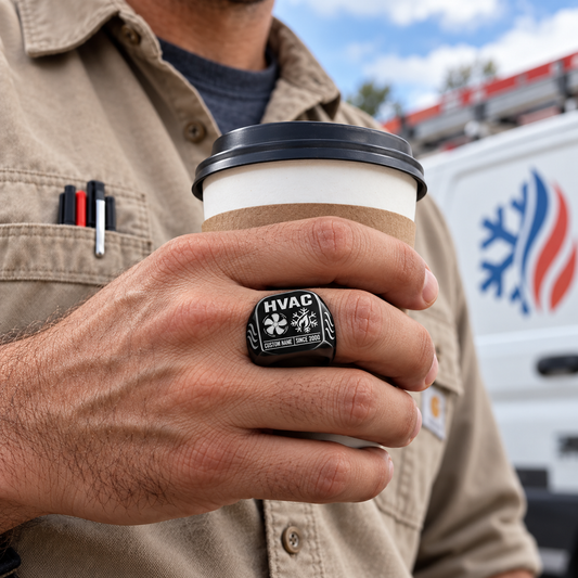 Black HVAC Twin Icons ring worn in an off-duty lifestyle setting