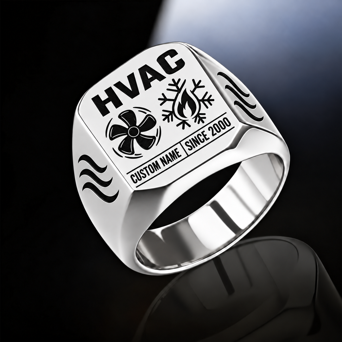 Silver HVAC Twin Icons signet ring featuring twin fan and heating/cooling icons, flowing-air shoulder details and a divided name-and-year footer, with illustrative CUSTOM NAME and SINCE 2000