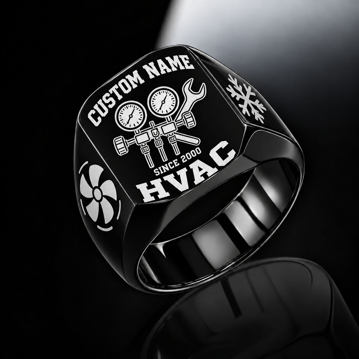 Black HVAC Bold Lettering signet ring featuring bold name and profession lettering framing a manifold-gauge and wrench emblem, with illustrative CUSTOM NAME and SINCE 2000