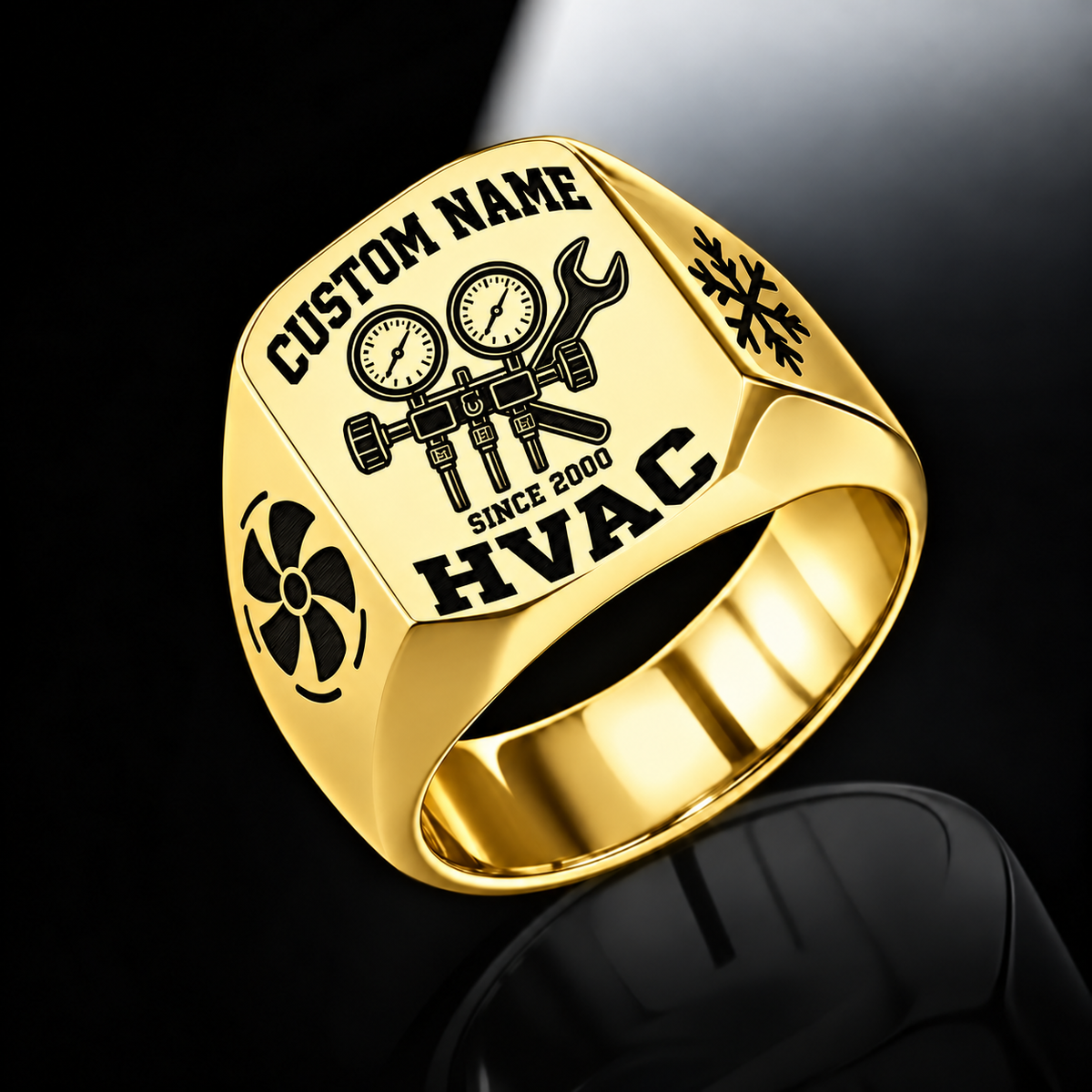 Gold HVAC Bold Lettering signet ring featuring bold name and profession lettering framing a manifold-gauge and wrench emblem, with illustrative CUSTOM NAME and SINCE 2000