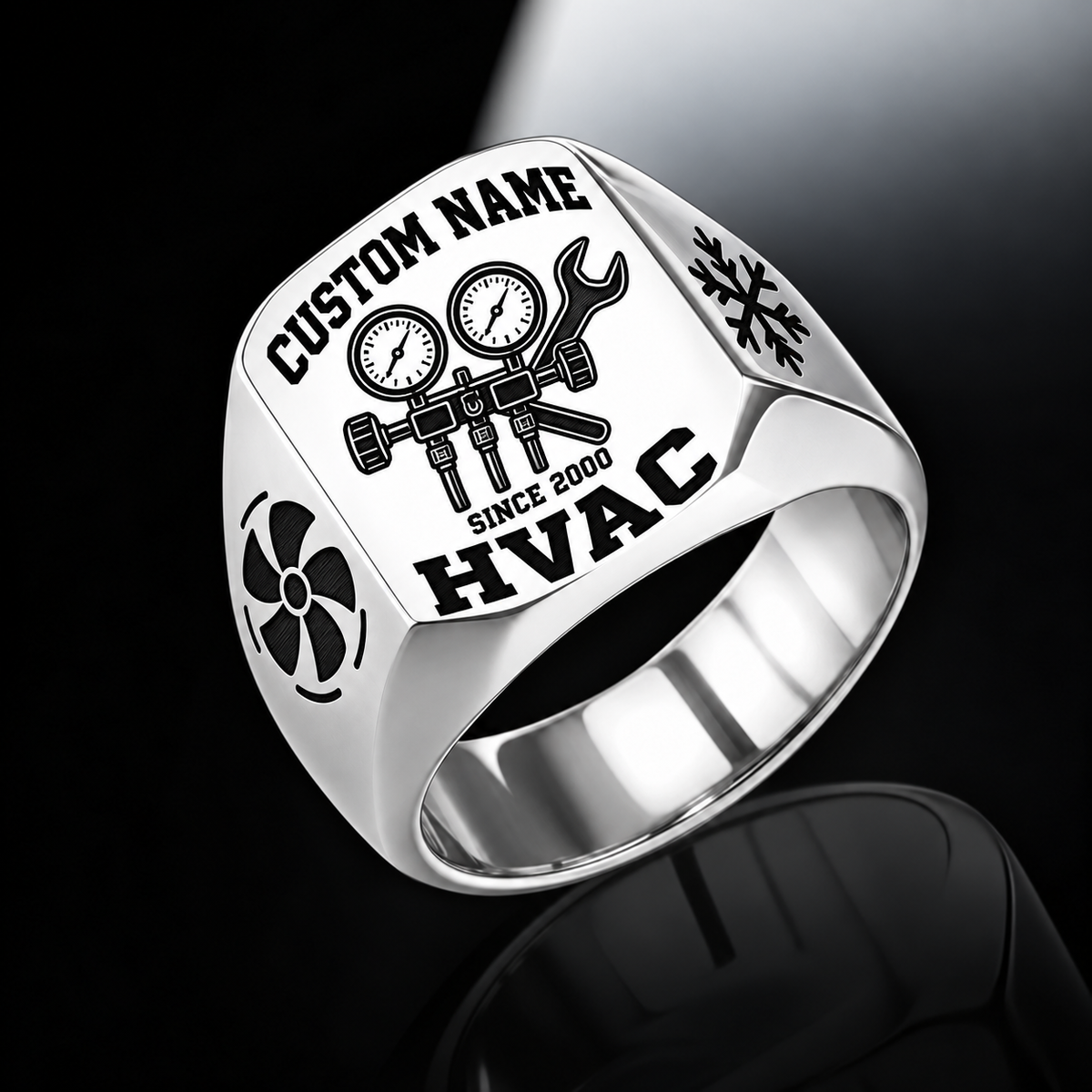 Silver HVAC Bold Lettering signet ring featuring bold name and profession lettering framing a manifold-gauge and wrench emblem, with illustrative CUSTOM NAME and SINCE 2000