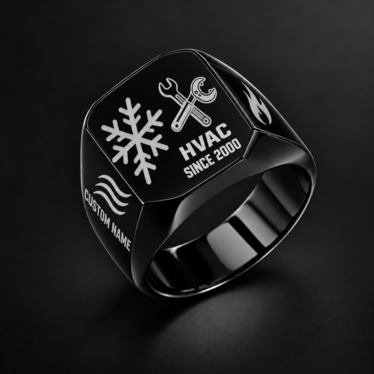 Black HVAC Split Emblem signet ring featuring an asymmetric snowflake and service-tool design, with airflow and flame shoulder details, with illustrative CUSTOM NAME and SINCE 2000