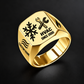 Gold HVAC Split Emblem signet ring featuring an asymmetric snowflake and service-tool design, with airflow and flame shoulder details, with illustrative CUSTOM NAME and SINCE 2000