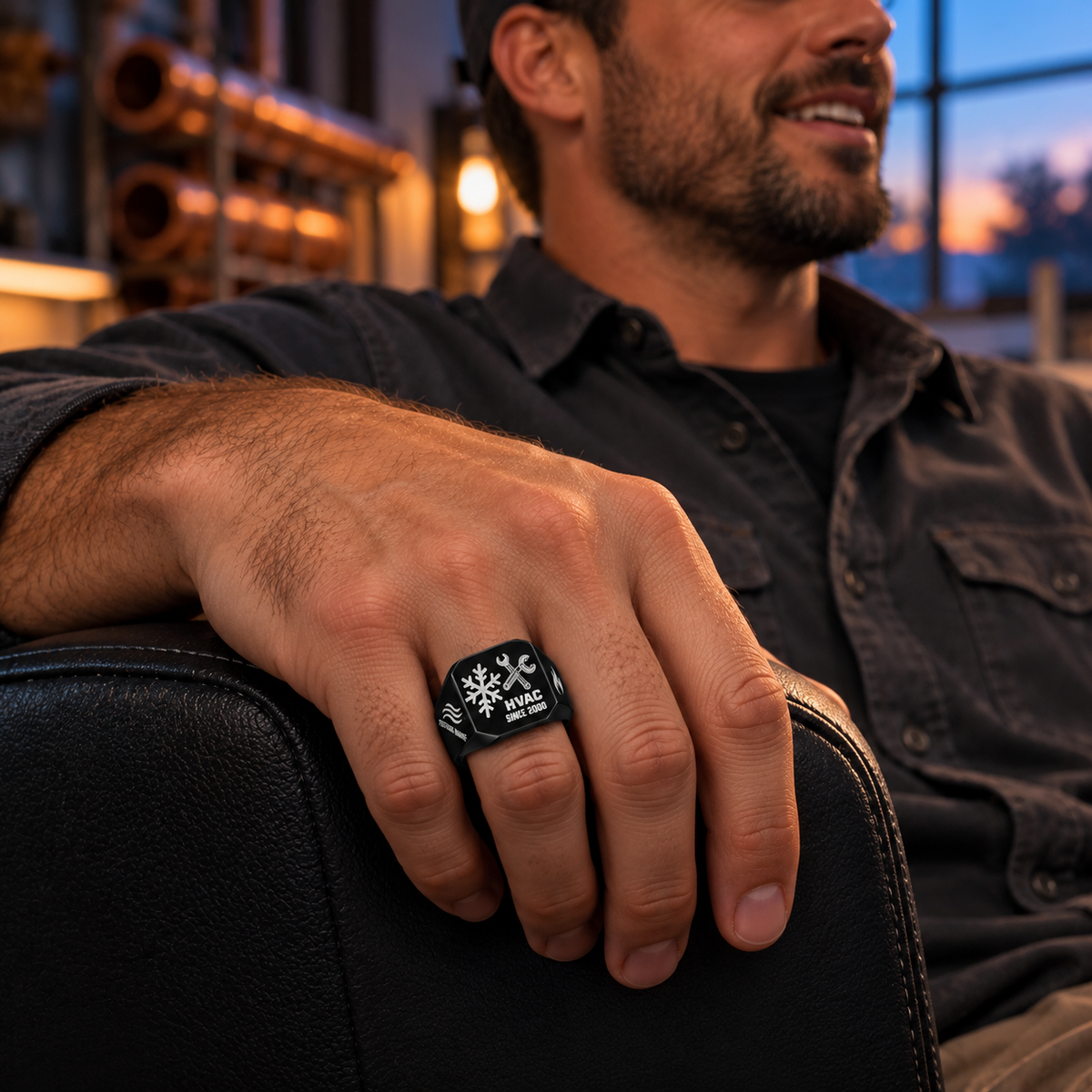 Black HVAC Split Emblem ring worn in an off-duty lifestyle setting