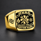 Gold HVAC Black Face Badge signet ring featuring a dark badge-style face with a fan and service tools framed by heating and cooling symbols, with illustrative CUSTOM NAME and SINCE 2000
