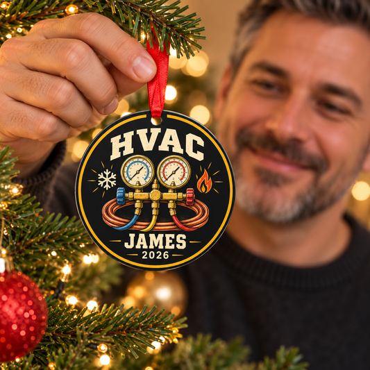 HVAC round ornament design mockup with JAMES and 2026 being hung on an evergreen tree
