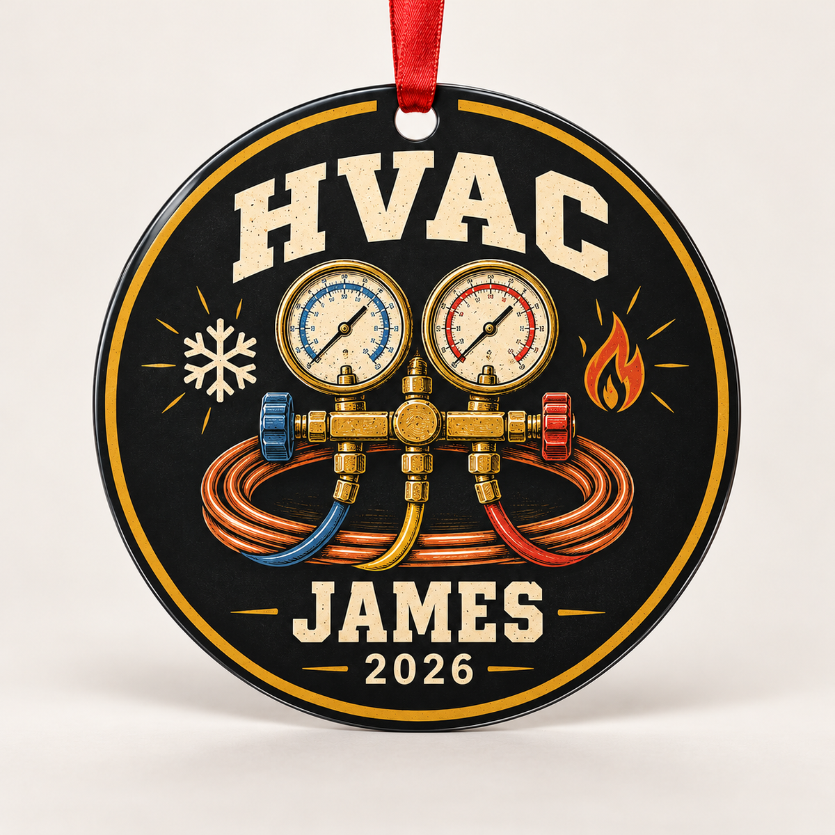 Standalone HVAC round aluminum ornament design mockup with illustrative JAMES and 2026