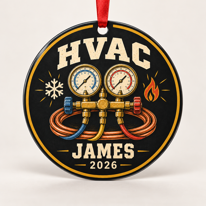 Standalone HVAC round aluminum ornament design mockup with illustrative JAMES and 2026