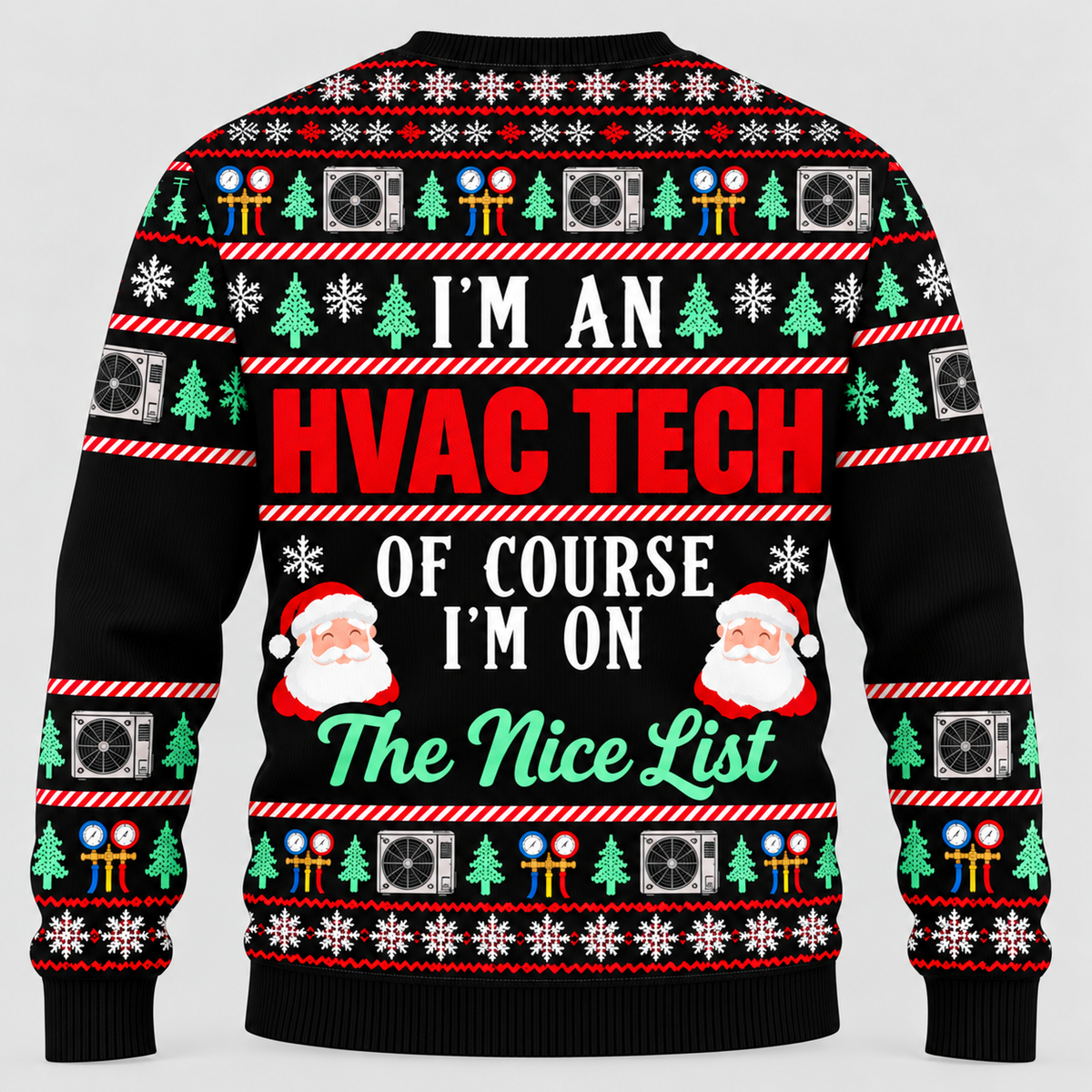 Back of black HVAC Nice List Christmas crewneck with matching HVAC and holiday design