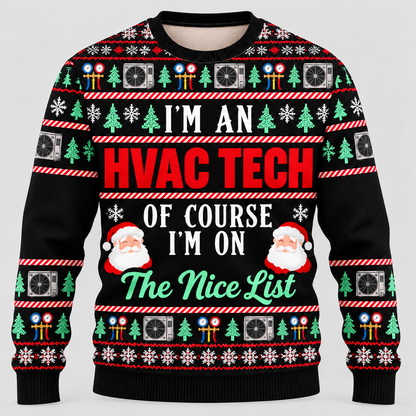 Front of black HVAC Nice List Christmas crewneck with manifold gauges, condenser fans and holiday motifs