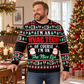 Adult model wearing the HVAC Nice List Christmas crewneck at a holiday gathering