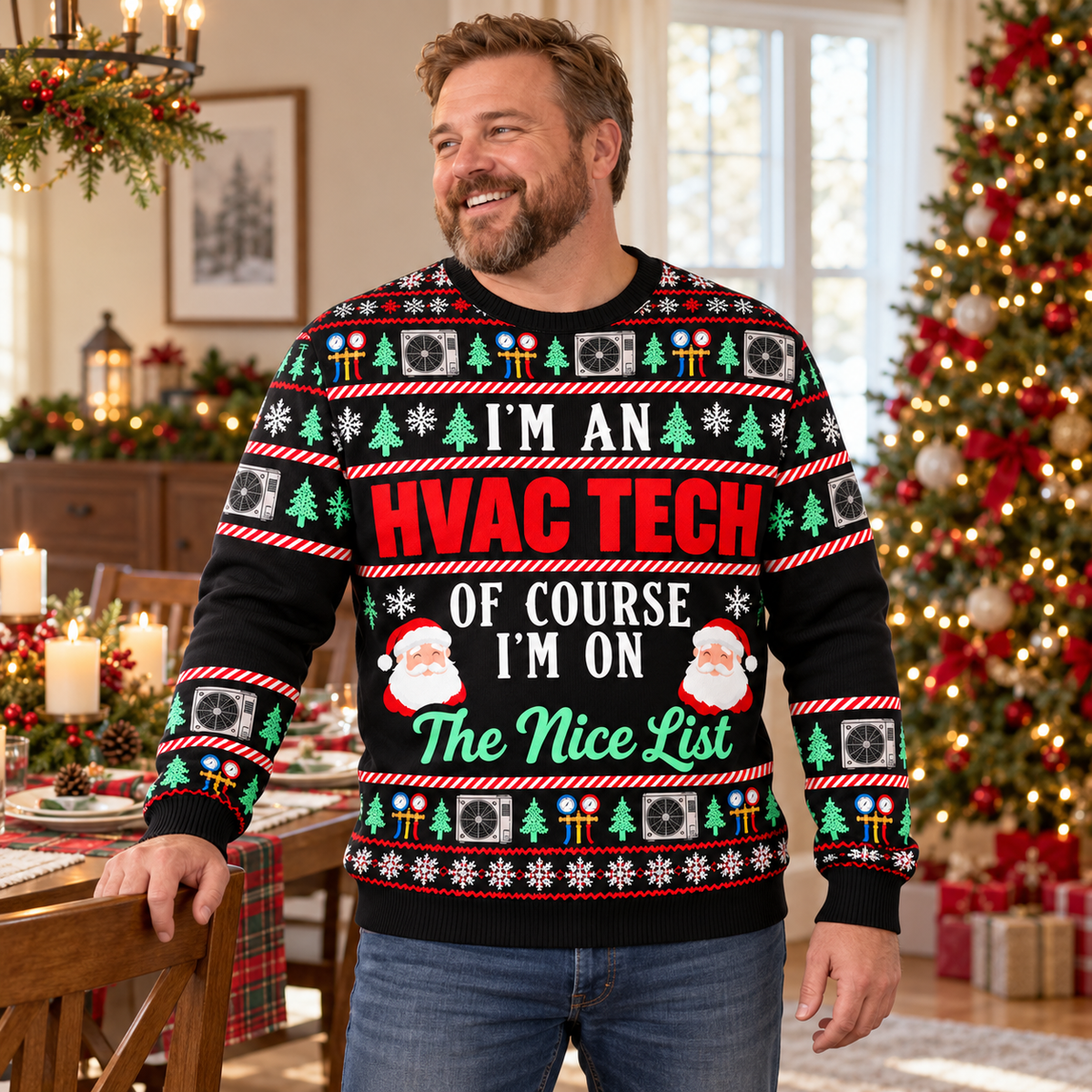 Adult model wearing the HVAC Nice List Christmas crewneck at a holiday gathering