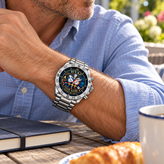 Silver HVAC heritage-dial watch worn at a relaxed home patio breakfast