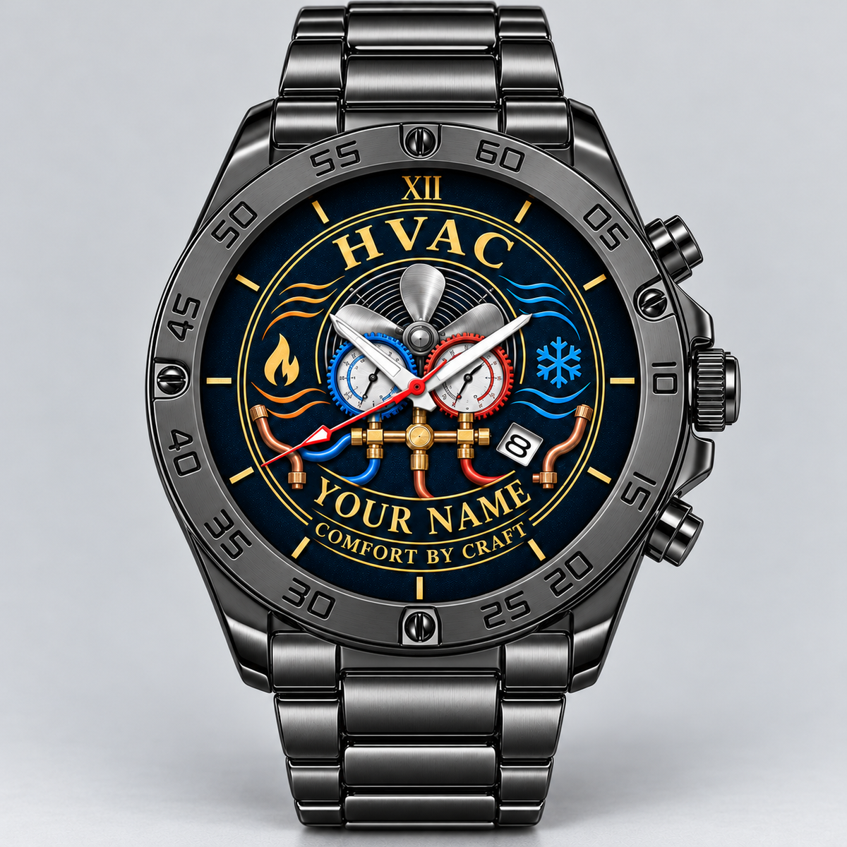 Black HVAC heritage-dial watch with fan, manifold gauges and YOUR NAME preview