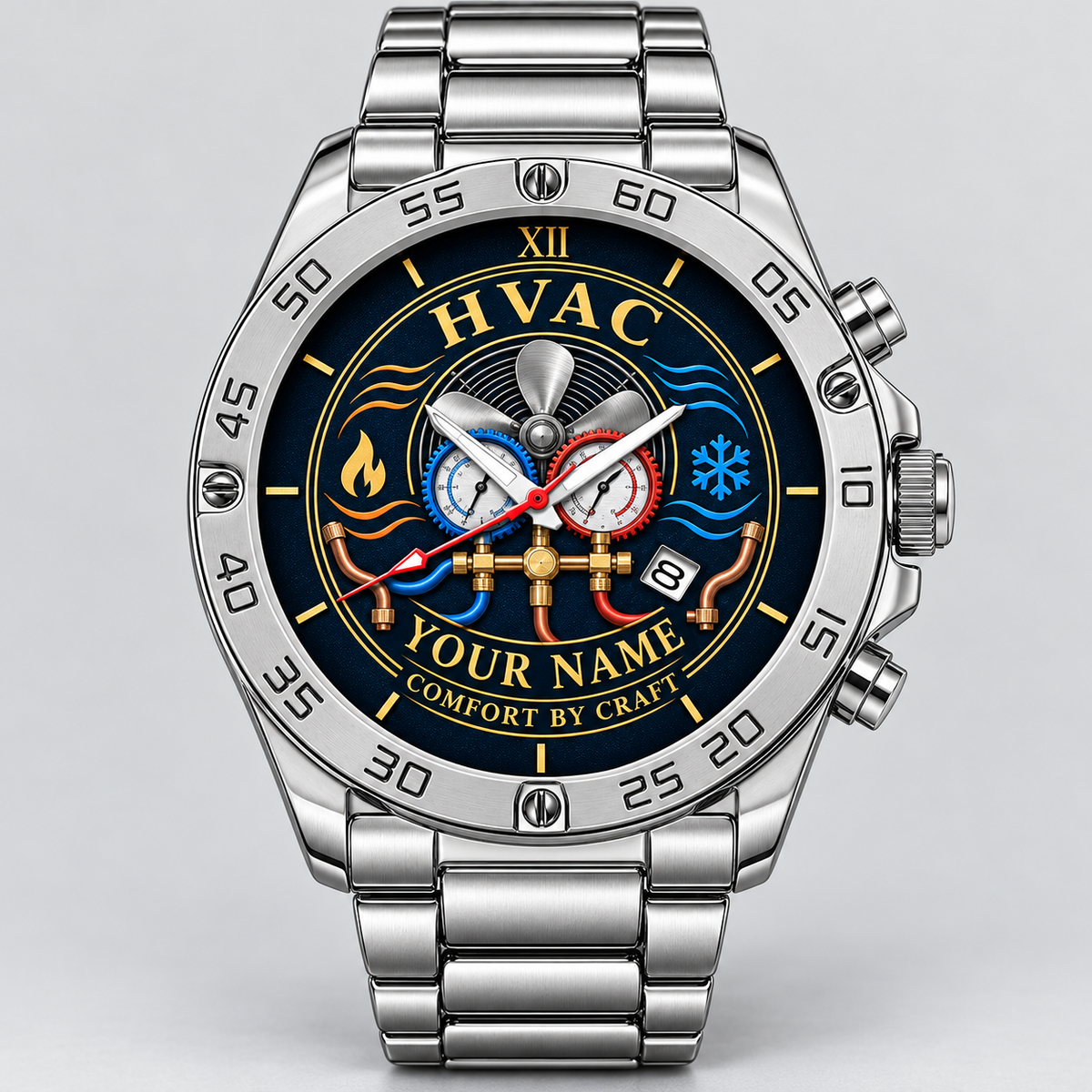 Silver HVAC heritage-dial watch with fan, manifold gauges and YOUR NAME preview