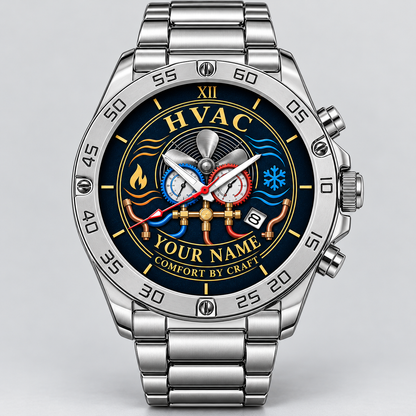 Silver HVAC heritage-dial watch with fan, manifold gauges and YOUR NAME preview