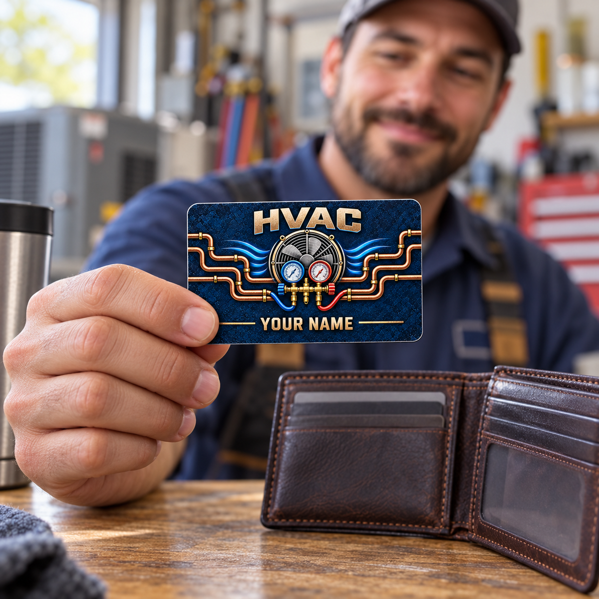 HVAC craft camo aluminum wallet card held beside a wallet at a workshop break table