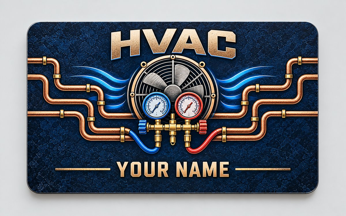 HVAC craft camo aluminum wallet card front in navy and copper