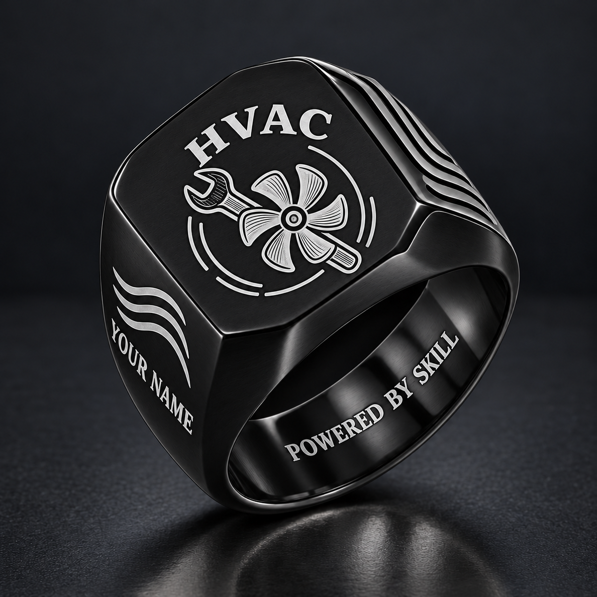Black HVAC Classic Emblem signet ring with fan and wrench artwork, YOUR NAME and POWERED BY SKILL