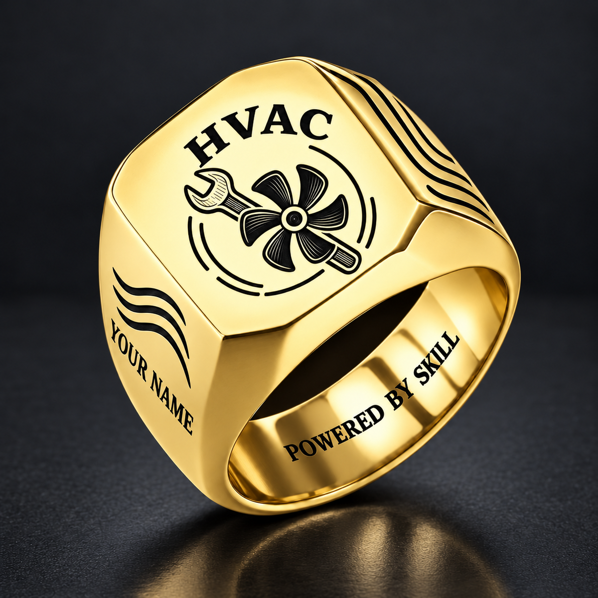 Gold HVAC Classic Emblem signet ring with fan and wrench artwork, YOUR NAME and POWERED BY SKILL