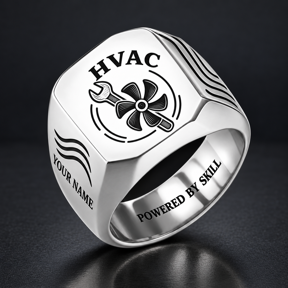 Silver HVAC Classic Emblem signet ring with fan and wrench artwork, YOUR NAME and POWERED BY SKILL